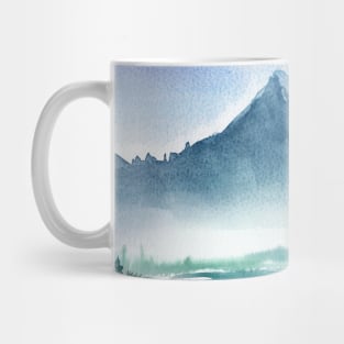 Watercolor painting of lake and misty mountain Mug